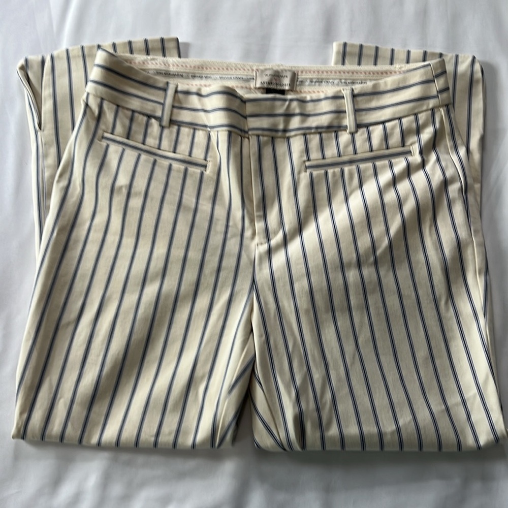 Anthropologie Cream and Blue Striped Cropped Pants
